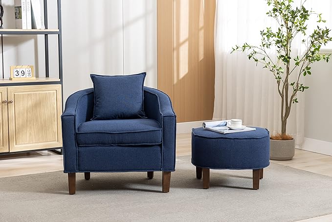 Accent Chair with Ottoman Mid Century Modern Barrel Chair Upholstered Club Tub Round Arms Chair for Living Room