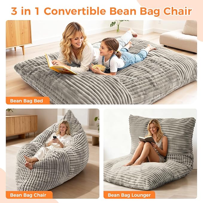3 in 1 Giant Bean Bag Chair Convertible Bean Bag Bed for Adults and Kids Oversized Comfy Memory Foam Floor Sofa with Machine Washable Cover for Living Room Bedroom &amp Dorm(Taupe)