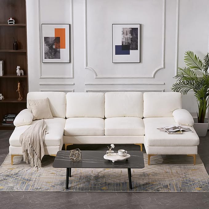 VERYKE Modern U Shape Sectional Sofa Couch 110'' Linen Fabric Sectional Couch Sofa Upholstered Sofa Bed with Metal Legs for Living Room Home Office
