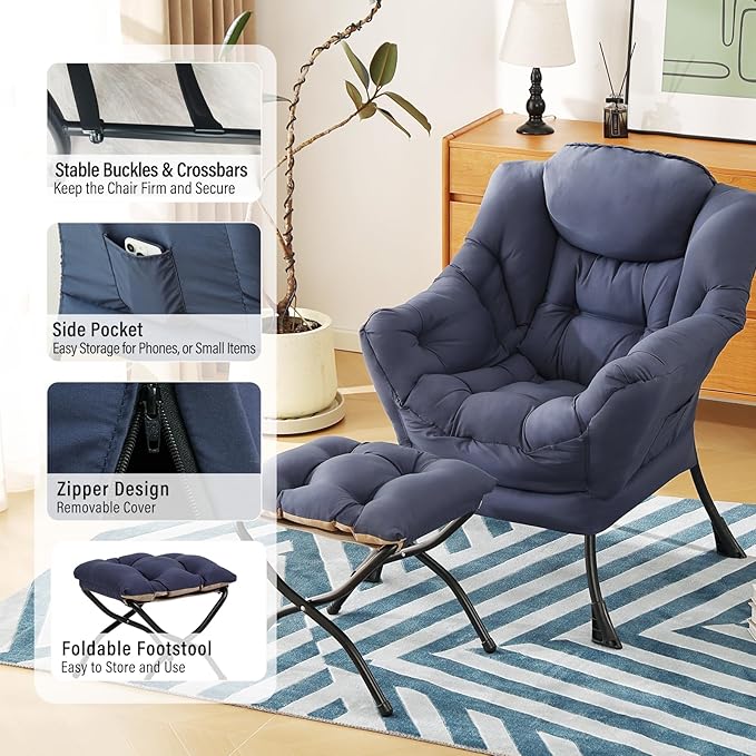 Lazy Chair with Ottoman Modern Accent Chairs with Folding Footrest Navy Blue Sofa Chair Set Comfortable Reading Chairs Oversized Armchairs for Bedroom Study Living Room Courtyard