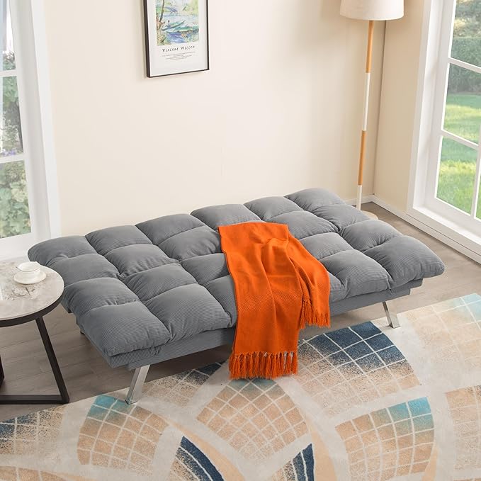67” Convertible Futon Couch Bed Adjustable Pillow Top Arm Memory Foam Cloud Futons Loveseat Modern Light Gray Corduroy Mini Small Sofa Couches for Living Room
