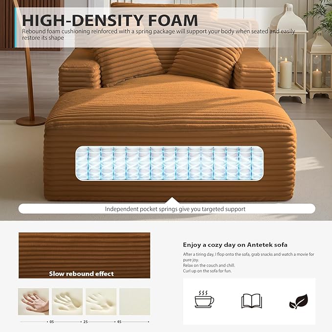67 Inch Chaise Lounge Chair Indoor Oversized Corduroy Upholstered Boneless Sofa Bed Deep Seat Sleeper Couch Reading Chairs Cloud Sofas Couches for Living Room No Assembly Required (Orange)