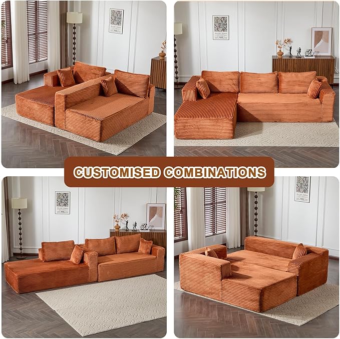 110 Modular Sectional Sofa with L-Shape Chaise Boneless Cloud Couch with Deep Seat Sponge Compression Sofas No Assembly Required Upholstered Couches for Living Room Bedroom Corduroy (Brown)