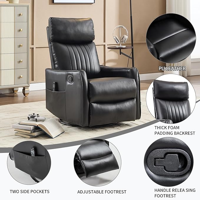 Manual Swivel Rocker Recliner Chair for Adults Overstuffed Reclining Glider Chair for Nursing with Vibration Massage &amp Heat Living Room Rocking Recliner 2-Stage backrest Faux Leather Black
