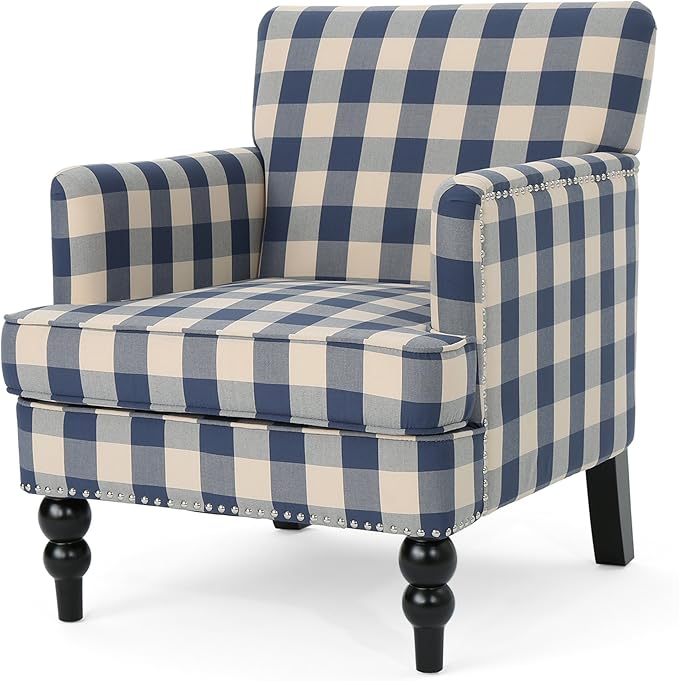 Christopher Knight Home Evete Tufted Fabric Club Chair Blue Checkerboard Dark Brown 32D x 28.75W x 34.5H in