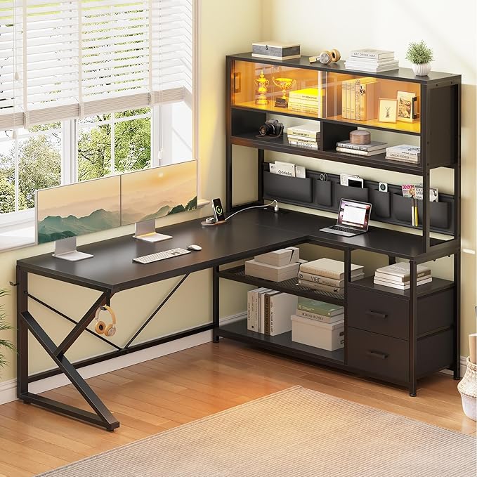 SEDETA L Shaped Gaming Desk Home Office Computer Desk with 2 Drawer and Bookshelf L Shaped Gaming Desk with LED Light Glass Cabinet and Storage Bag Corner Desk with Storage Shelves Black