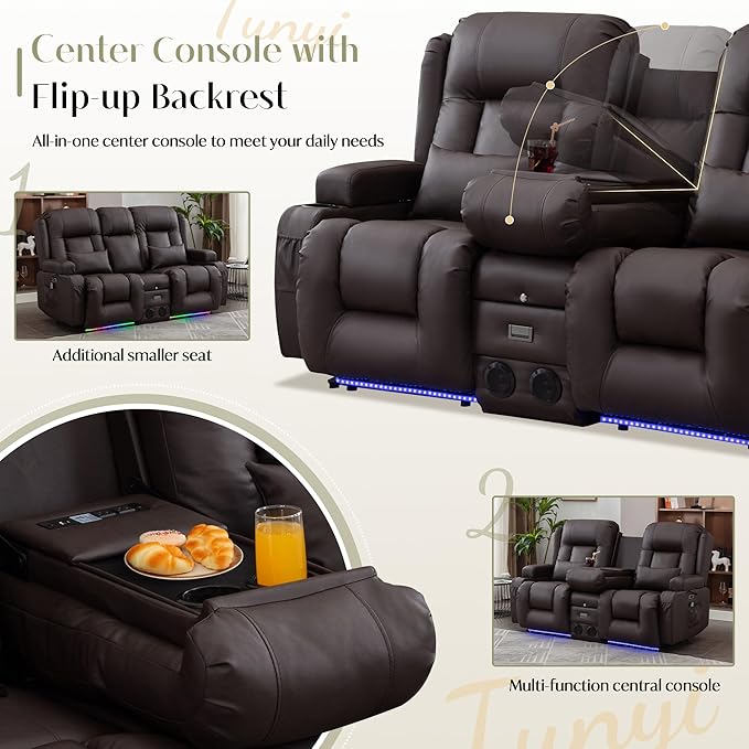TUNYI Power Loveseat Recliner Sofa Faux Leather Reclining Sofa with Console RV Reclining Loveseat Couch with USB/Outlet/Storage/Side Pocket/LED Light/Speaker (Brown Loveseat)