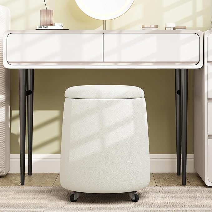Storage Ottoman with Wheels 15“W Swivel Rolling Foot Stool Boucle Terry Fabric Coffee Table Ottoman with Hidden Storage Round Vanity Stools for Makeup Room Living Room Bedroom Entryway Dorm Beige