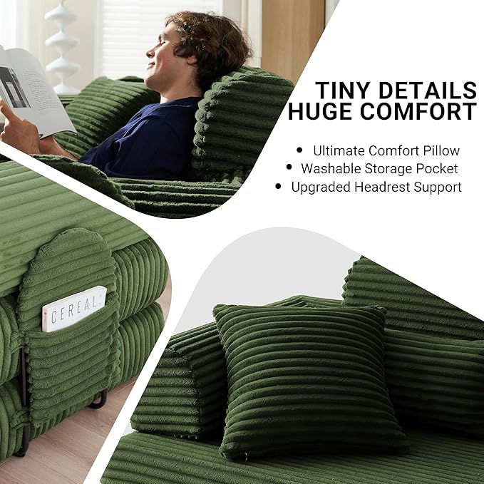 79'' Upgrade High Backrest Convertible Sofa Bed with Fixed Frame Removable Armrests &amp Backrest Corduroy Sleeper Couch No Assembly Guest Bed for Small Spaces (High Backrest Olive Green) | Conve