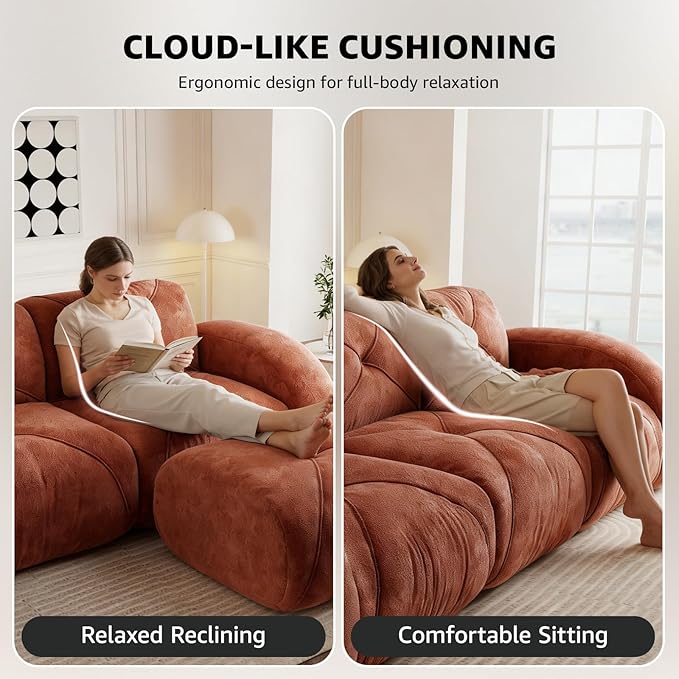 Red Loveseat Sectional Couches for Living Room Velvet Fabric Boneless Couch No Assembly Cloud Modular Sectional Sofa Love Seat with 1 Ottoman Foam Couch Compressed Sofa Set Sofas para Sala