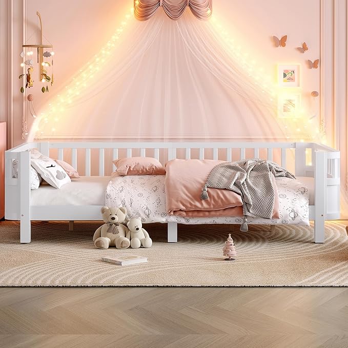Bellemave Twin XL Montessori Bed with Fence and Slats Twin XL Low Platform Bed Frame with Detachable Side Bed Rails and Rounded Corner Design Easy Assemble Montessori Bed White