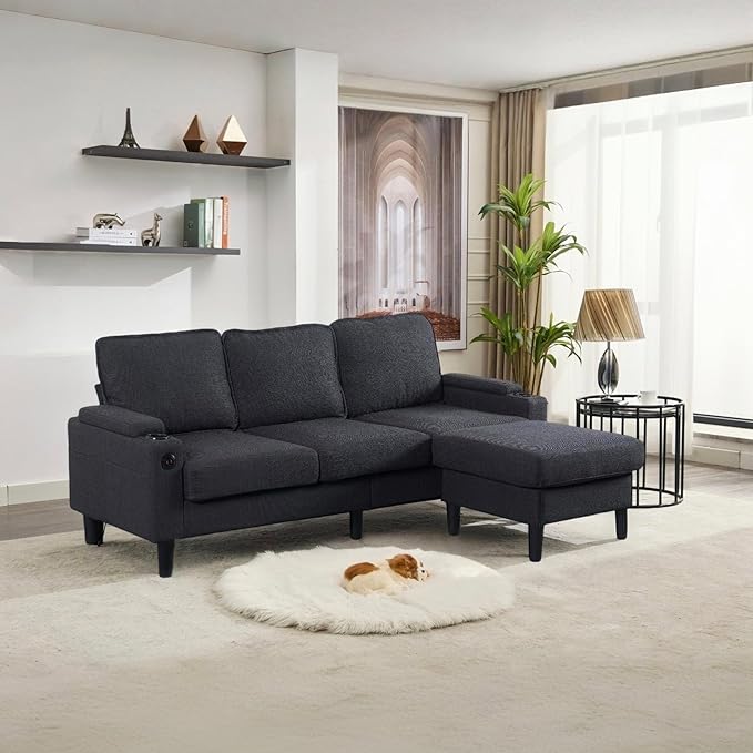 WDYLWFHW78'' Sectional Sofa Couches for Living Room 3 Seat L-Shaped Couch with Storage Ottoman Upholstered L Shaped Sofas with Footrest &amp Cup Holder &amp USB for Apartment Bedroom (Black)