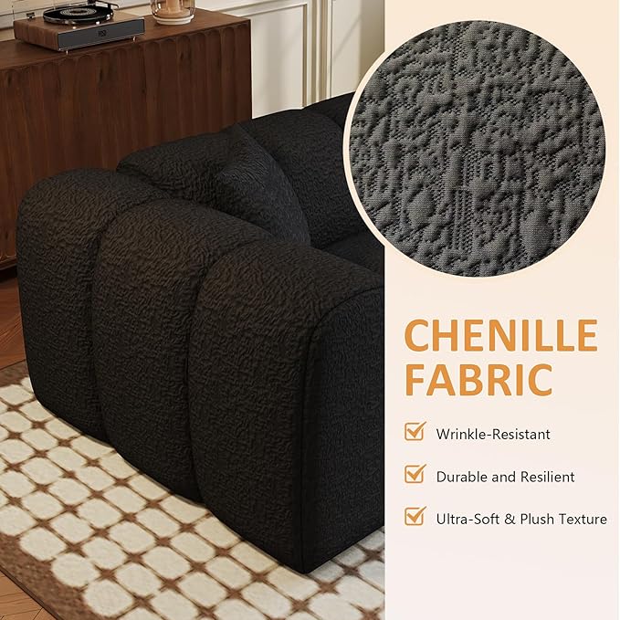 96 Modular Sectional SofaModern Boneless Cloud Couch with Deep SeatUpholstered 4-Seater Sofa Chenille Boucle Couches for Living Room Wide Seat Cozy Loveseat with Armrest (Black 96-INCH)