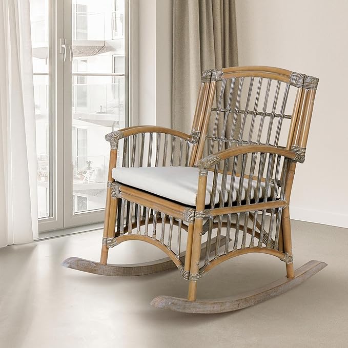 JONATHAN Y RCK200B Swayze Bohemian Farmhouse Woven Rattan/Wood Rocking Chair White Cushion with Gray/White Wash Frame for Home Living Room Bedroom Guestroom Foyer Library