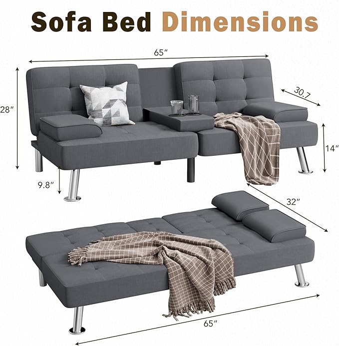 Shahoo Modern Linen Upholstered Convertible Folding Futon Sofa Bed with Removable Armrests Metal Legs 2 Cup Holders for Living Room Dark Grey