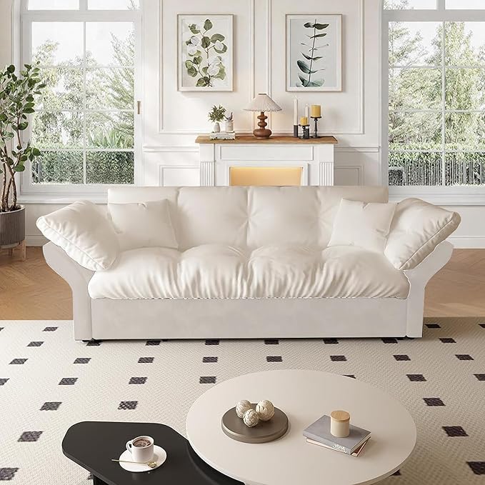 74.8 Queen Size Sleeper Sofa with Pull Out Bed 3-in-1 Convertible Loveseat Sofa with 2 Pillows Portable Pull Out Chaise for Living Room Apartment Small Spaces Beige