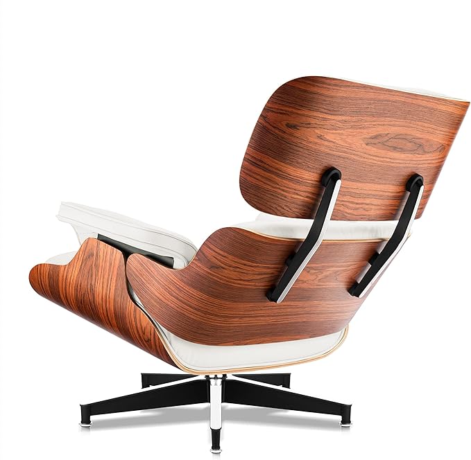 Top White Grain Leather Mid Century Chaise Lounge Chair and Ottoman Modern Chair Classic Design Palisander Wood Heavy Duty Base Support for Living Room Office