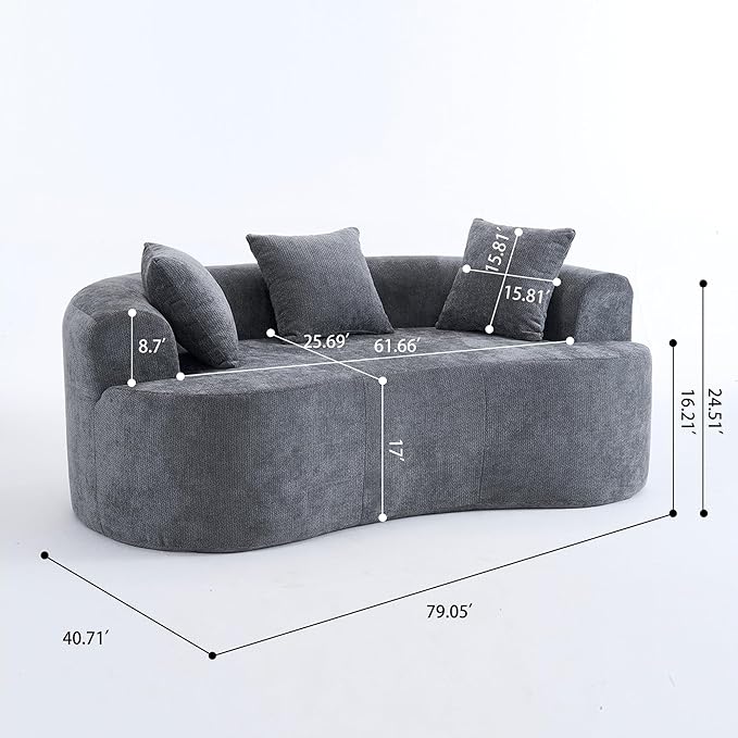 Loveseat Sectional Boneless Sofa for Living Room 79 Modern Luxury Chenille Sofa Extra Deep Seat Curved Cloud Floor Couch with 3 Throw Pillows for Small Spaces Grey