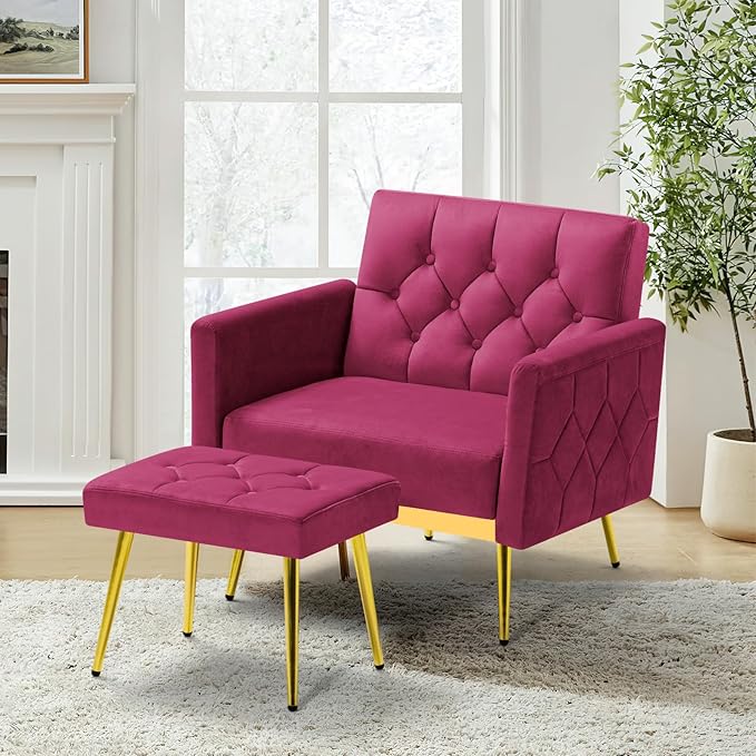 Velvet Accent Chair w/Adjustable Armrests and Backrests Tufted Single Sofa with Ottoman Upholstered Reading Chiar for Living Room Apartment Bedroom Fuchsia