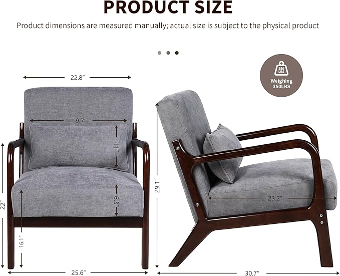 Mid Century Modern Accent Chair with Solid Wood Frame Comfy Reading Lounge Chair with Detachable Lumbar Pillow for Living Room Bedroom Office Vintage Small Wooden Armchair for Waiting Room (Grey)