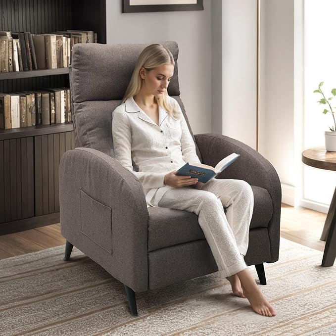 FLEXISPOT XC2 Recliner Chair for Adults Fabric Small Reclining Chair Home Theater Seating with Side Pockets Adjustable Modern Single Sofa Armchair Extended Footrest for Living Room(Brown)