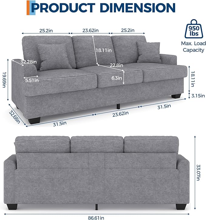 IDEALHOUSE Modern 86 Corduroy Sofa with 2 Throw Pillows Deep Seat Couch with Upholstered Cushion &amp Removable CoverComfy Corduroy Sofa Couch for Small Space Apartment Lounge Grey