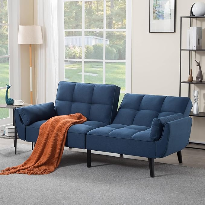 Convertible Futon Sofa Bed Modern Futon Couch with 2 Pillows Small Futons Couch with Adjustable Armrest &amp Backrest Loveseat Sofa Bed for Living Room Bedroom Blue