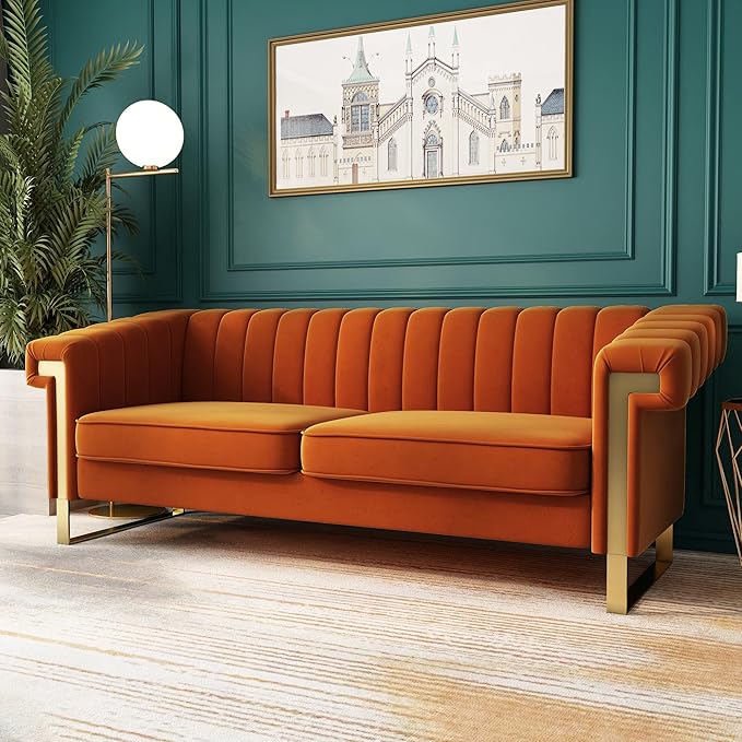 83'' Orange Velvet Couch Sofa Mid-Century Modern Love Seat Chesterfield 3 Seat Couches Sofa for Living Room Apartment (Orange)