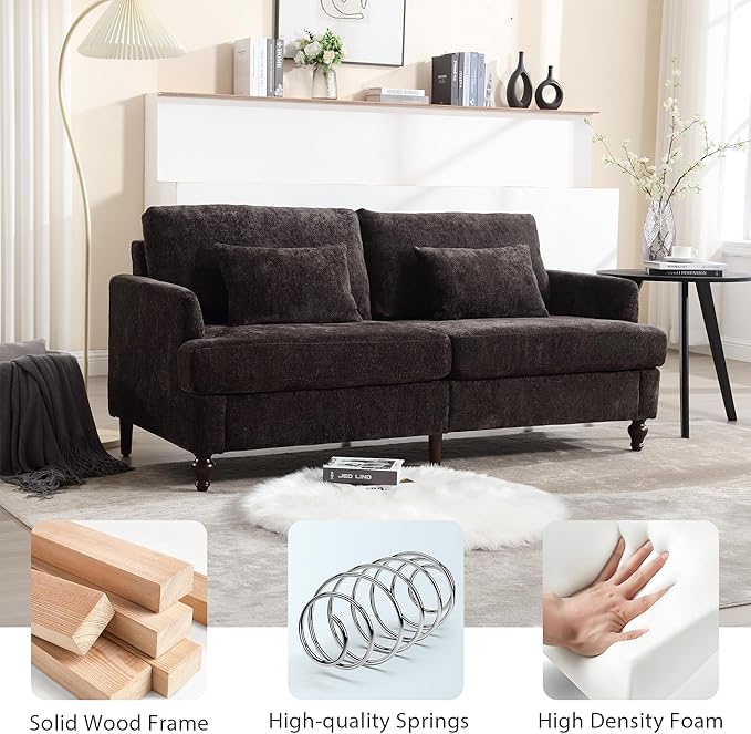 69” Modern Chenille Loveseat Sofa Couch Upholstered 2 Seat Love Seat Deep Seat Small Couch with 2 Pillows and Sturdy Wood Legs for Living Room Bedroom Apartment (Black)