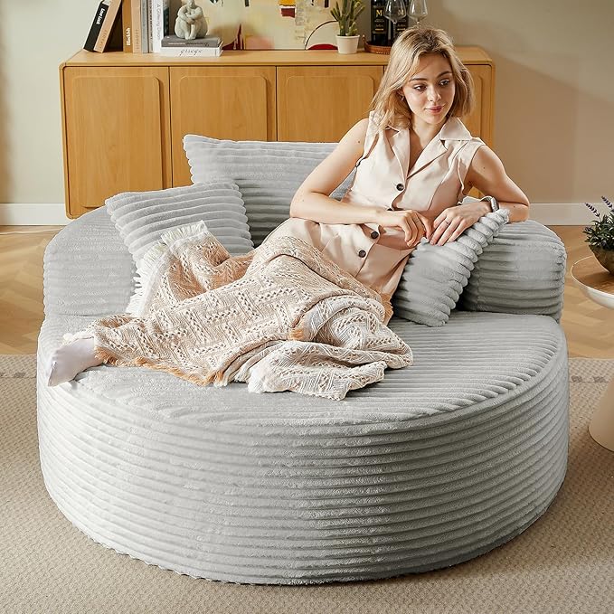55''Oversized Round Chair Lounge Chaise IndoorCloud Boneless Large Circle Chair with Plush CorduroyNo Assembly RequiredFluffy Modern Sleeper Sofa Bed for ReadingLiving Room(GreyFabric Upgrade)