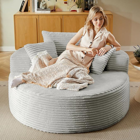 55''Oversized Round Chair Lounge Chaise IndoorCloud Boneless Large Circle Chair with Plush CorduroyNo Assembly RequiredFluffy Modern Sleeper Sofa Bed for ReadingLiving Room(GreyFabric Upgrade)