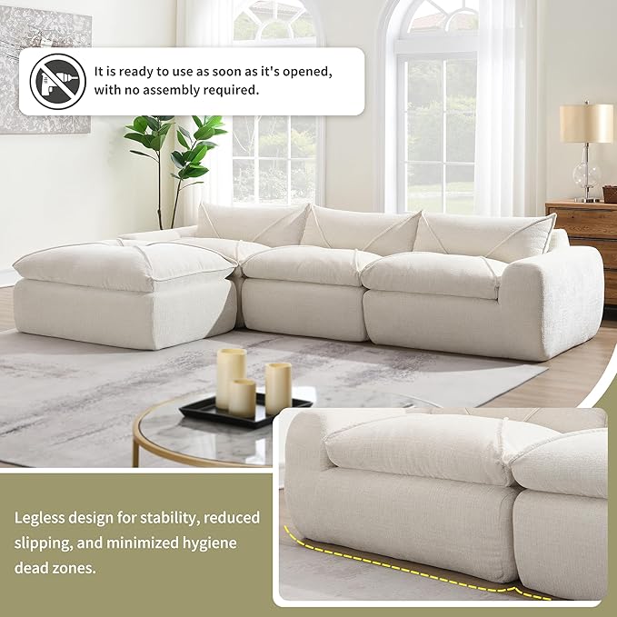 116'' Oversized Modular Sofa Fully Compressed 4 Seat Spacious Foam-Filled Sofa Bed for Living Room Free Combination Friendly Design L-Shaped Comfy Couches No Assembly Required (White-QJ88)