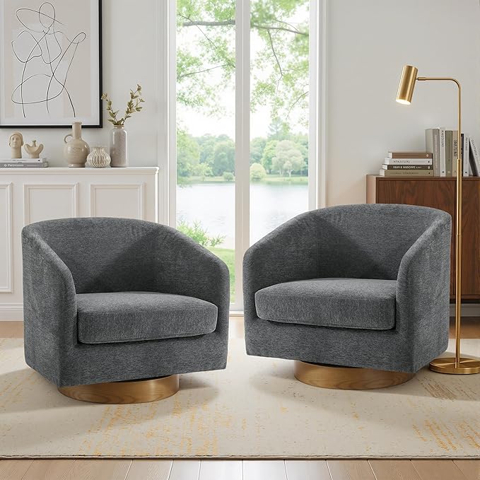 UIXE Swivel Accent Chairs Set of 2 Chenille Upholstered Barrel Chair for Living Room Comfy Round Armchair Single Sofa Bedroom Reading Seat - Gray