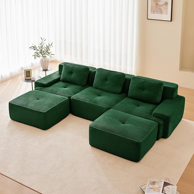  117 U Shaped Modular Boneless Sofa Couch for Living Room Green Sectional Large Sofa with Corduroy Fabric 3-Seater Tufted Couch with Deep Seat and Movable OttomanNo Assembly