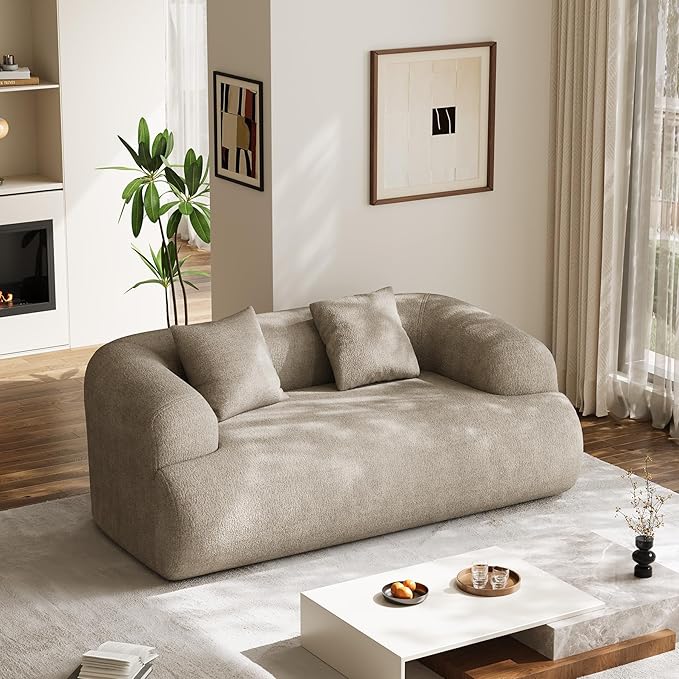 75 Boneless Cloud Loveseat Modern Cute Curved Chenille Sofa 2 Seater Compression Couch with 2 Pillows No Assembly Required for Apartment Living Room Light Brown