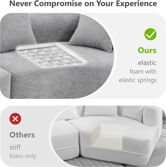 110'' Modern Curved Sofa Sectional Arc 4-Seater Foam Couch Compressed in-a-Box Boneless Cloud Couch with Extra-Deep-Wide Seats in Comfortable Chenille No Assembly Pearl Grey