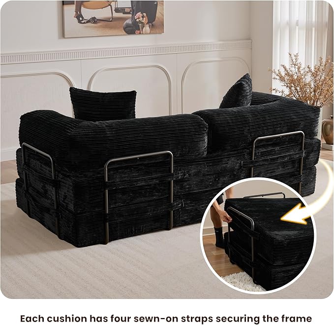 4-in-1 Convertible Sleeper Sofa Bed80 Inch Corduroy Loveseat Sleeper with Pull Out BedBoneless Couch with Fixed-Shape FrameFloor Sofa Modular Couch for Living Room Bedroom Lounge (Black)