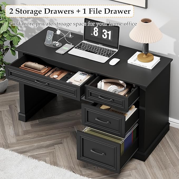 Farmhouse 47 Executive Desk Computer Desk with Drawers and File Drawer Workstation Computer Desk with Charging Station for Home Office StudyPure Black.