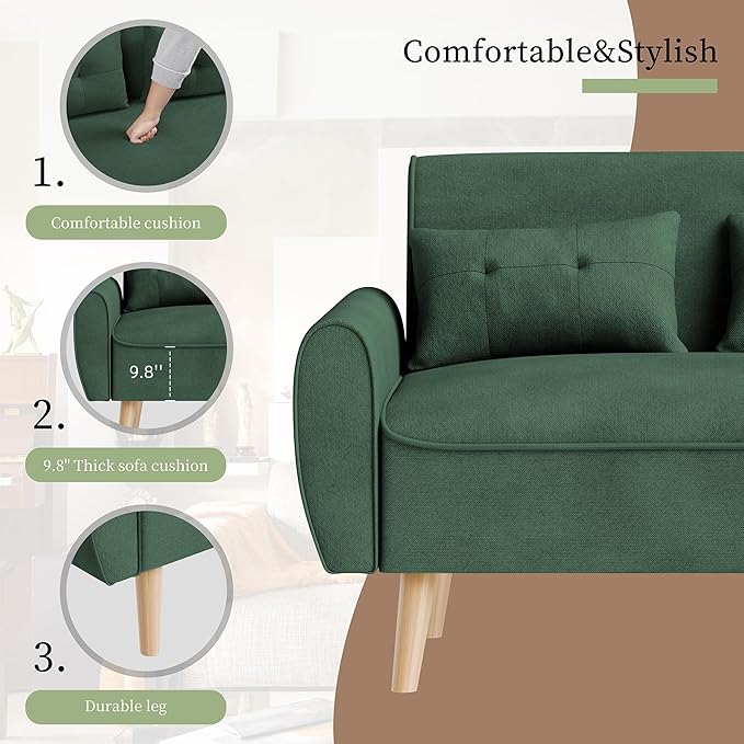 Vongrasig 47 Small Modern Loveseat Sofa Mid Century Linen Fabric 2-Seat Sofa Couch Tufted Love Seat with Back Cushions and Tapered Legs for Living Room Bedroom and Small Space (Green)