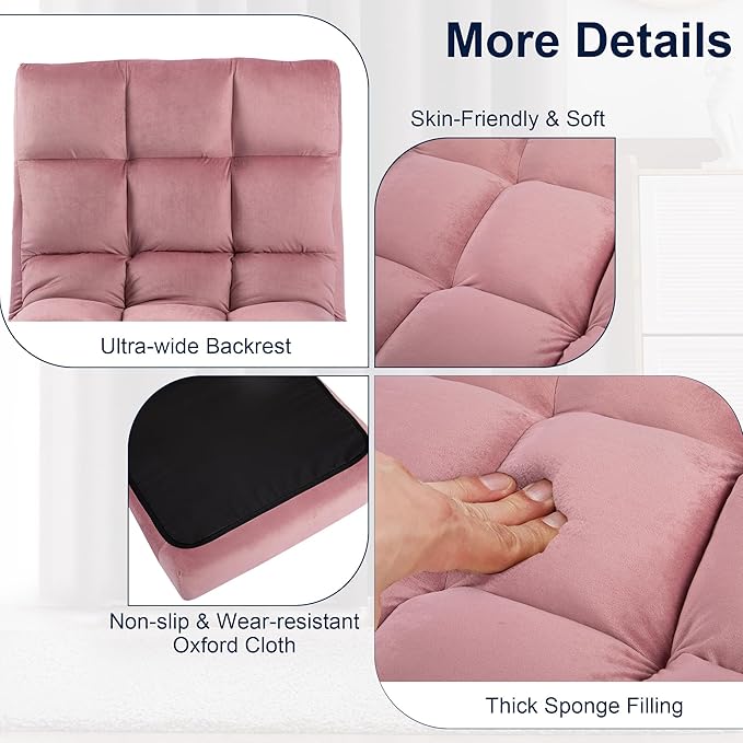 Floor Chair 24 inches Wide Oversized Velvet Armless Lay Flat Floor seat Padded Meditation Chair with 6 Adjustable Position Ergonomic Comfortable Convenient(LRSF-008-PINK)