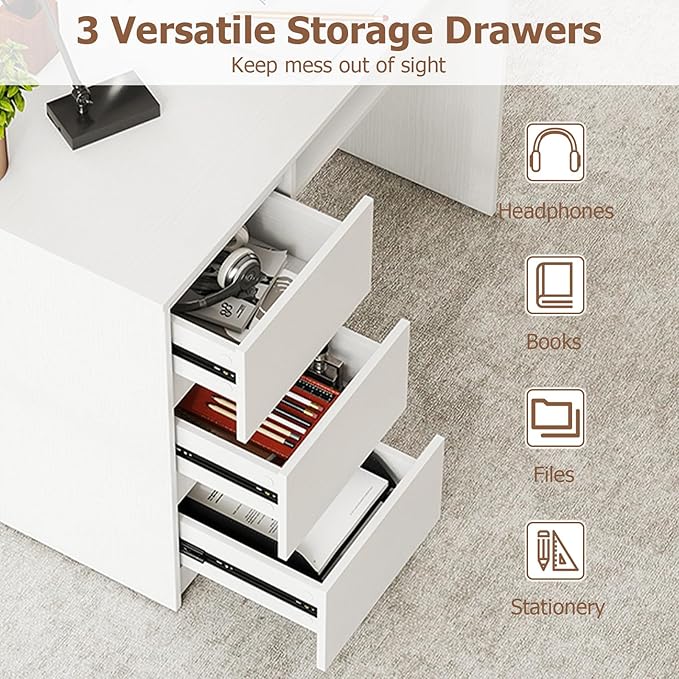 GOFLAME Computer Desk with 3 Drawers &amp Charging Station 42” Home Office Desk with Storage &amp Keyboard Tray Writing Desk PC Workstation Vanity Table (White)