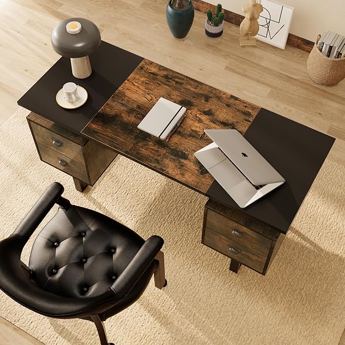 LEEMTORIG Computer Desk with Drawers 59 inch Large PC Gaming Desk Modern Industrial Study Student Writing Table Workstation Black &amp Rustic Brown CTSZ-20401-CM