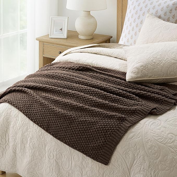 EVERGRACEHOME Chunky Chenille Knit Throw Blanket for Couch Soft Luxurious Moss Stitch Blankets for Bed Cozy Decorative Farmhouse Knitted Throws for Sofa Cocoa Brown 60 x 80