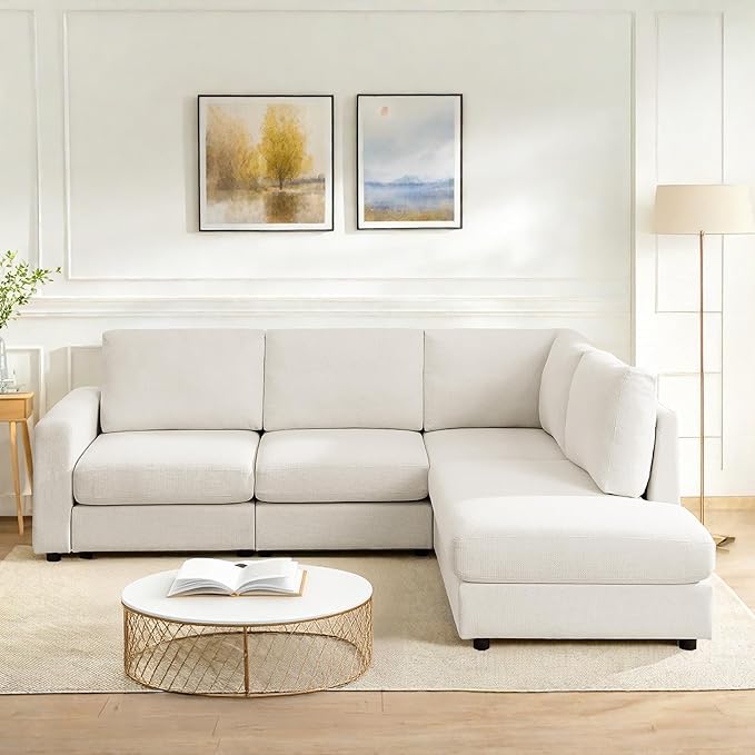 100 L Shaped Couch with Chaise Sectional Couches for Living Room Modern Modular Sofa with Upholstered Couches with Chenille Fabric Couchs Deep Seat Sectional Couch (Beige 100)