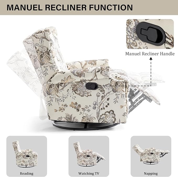Swivel Rocker Recliner Chair Manual Nursery Glider Recliner Floral Fabric Wingback Accent Chair with Adjustable Backrest &amp Footrest for Small Spaces Living Room Bedroom (Plants Beige Set of 1)