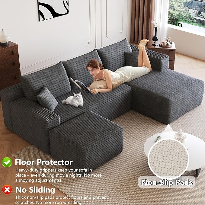 95 Modular Sectional Sofa with Ottoman Modern Corduroy Cloud Couch with Deep Seat Boneless Couch Upholstered 3-Seater U-Shaped Sofa for Living Room No Assembly (Dark GrayRight-Facing Chaise)