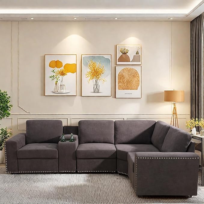 L Shaped Couch Sectional Couches for Living Room Comfy Modular Sectional Sofa for Adults Modern Living Room Furniture Sets Loveseat with Cup Holder for Bedroom &amp Office Brown