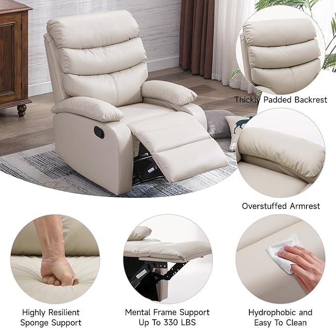 Manual Recliner Chairs for Adults PU Leather Small Recliner Chair for Small Space RV Lazy Boy Single Sofa Chairs Beige