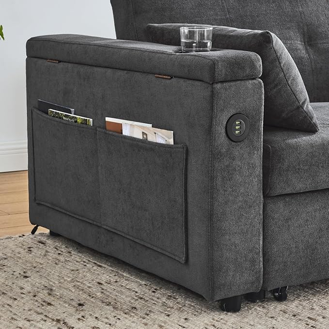 Convertible Sleeper Sofa Bed Pull-Out Recliner Couch with Adjustable Backrest Storage Armrests Side Pockets Cup Holders USB Charging Ports Chenille Loveseat for Living Room Use (Grey)