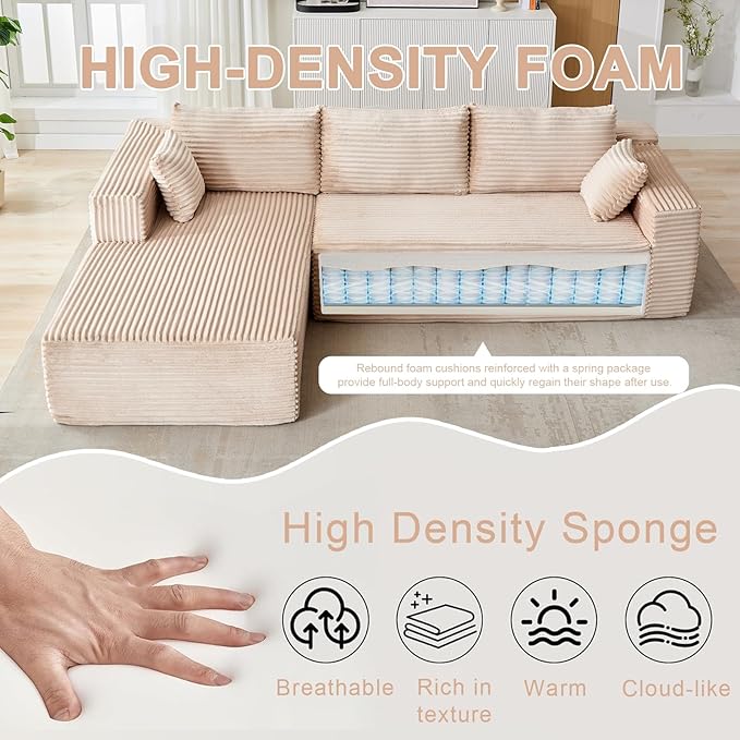 110 Modular Sectional Sofa with L-Shape Chaise Boneless Cloud Couch with Deep Seat Sponge Compression Sofas No Assembly Required Upholstered Couches for Living Room Bedroom (Corduroy Beige)